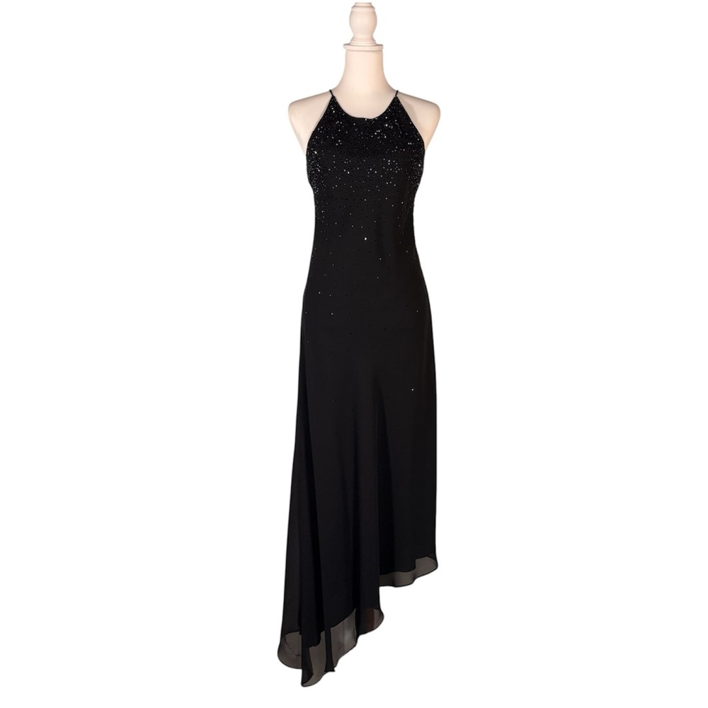 Vintageโ 90s Beaded Black Dress M Sleeveless Asymmetrical Midi Retro Diva Chic